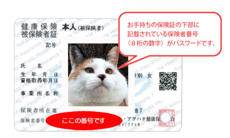 お手持ちの保険証の下部に記載されている保険者番号（8桁の数字）がパスワードです。